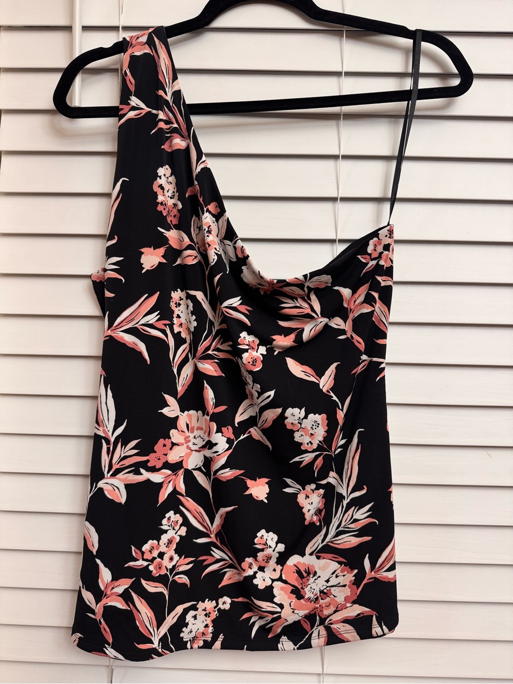 Floral One-Shoulder Black & Coral Women's Top, Size Large